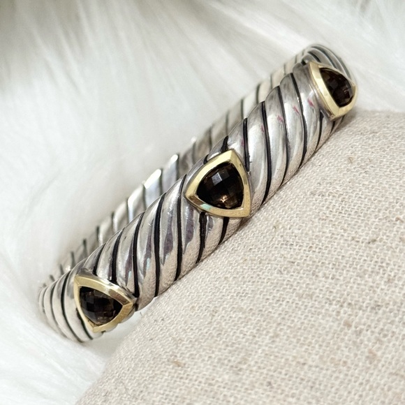 David Yurman .925 18K Gold Smokey Quartz 11mm Three Stone Bracelet - Picture 1 of 10